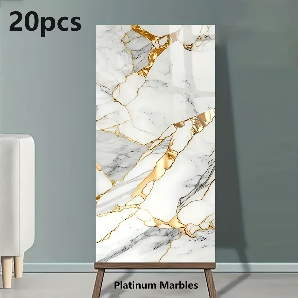 20 Marble Effect Wall Stickers, Waterproof PVC, Easy-to-Apply Tile Decals for Kitchen & Bathroom, Random Shapes and Stripes Design