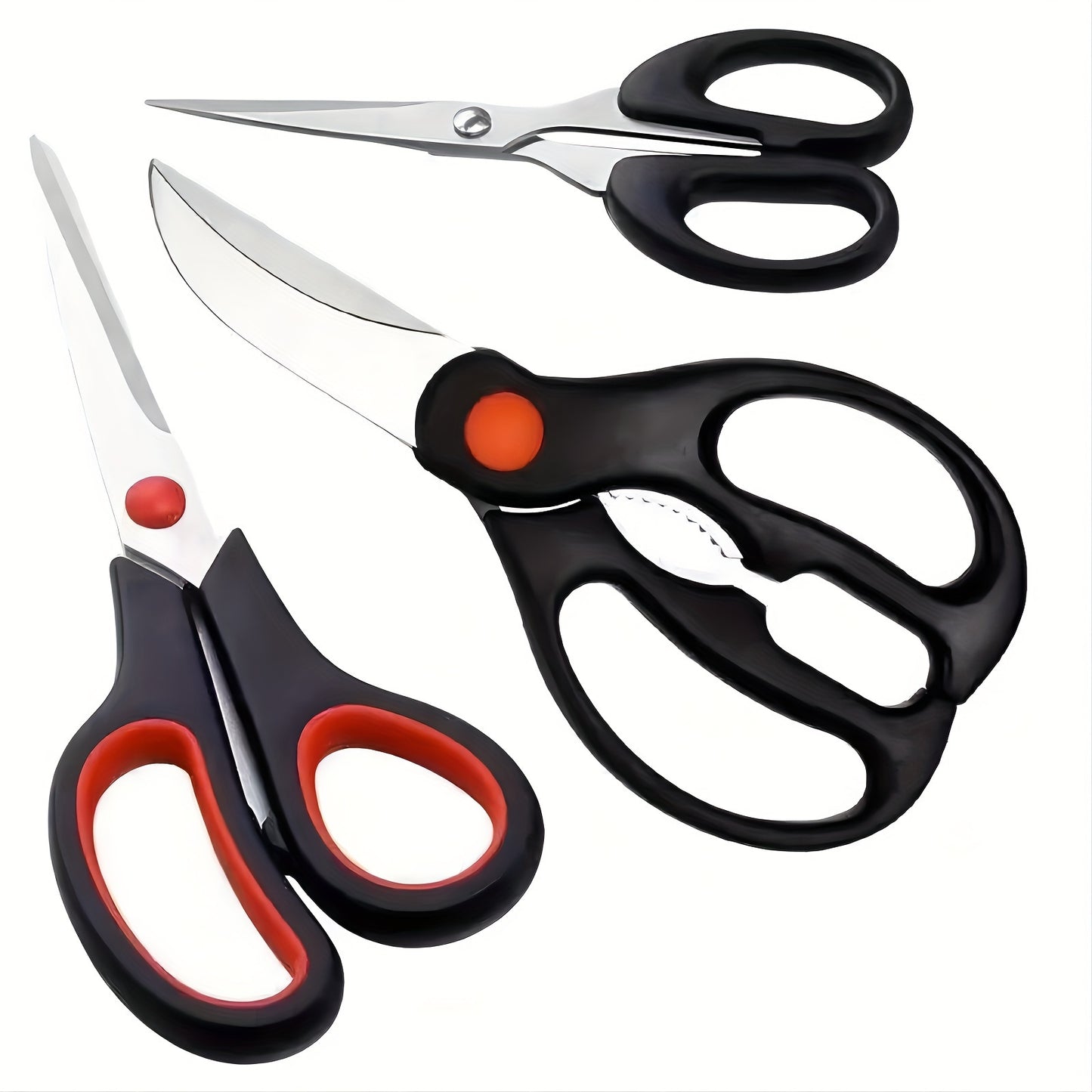 3 piece set of strong, multifunctional stainless steel kitchen scissors for cutting chicken bones and walnuts.