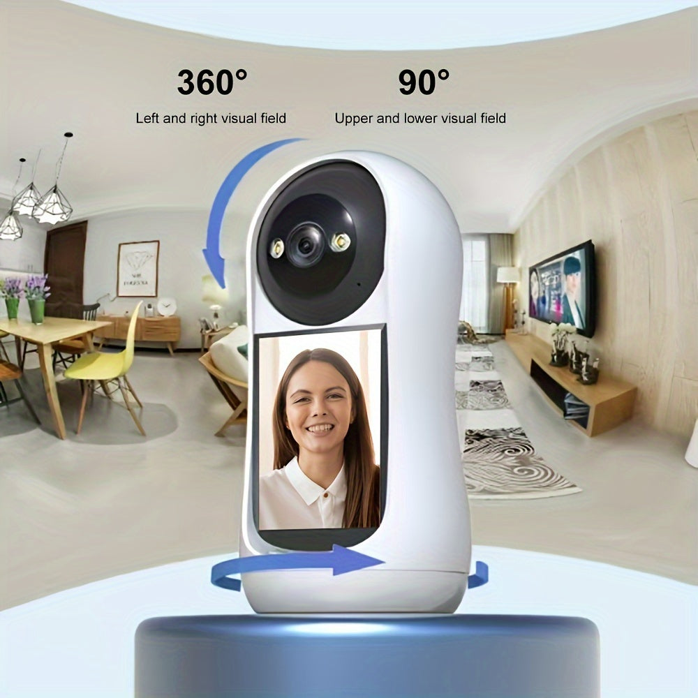 Enhance your indoor security with the 1080P HD Indoor Security Camera featuring a 7.11cm screen. This camera offers WiFi monitoring, one-click call, two-way audio, smartphone app control, and is compatible with Android devices. It also includes motion