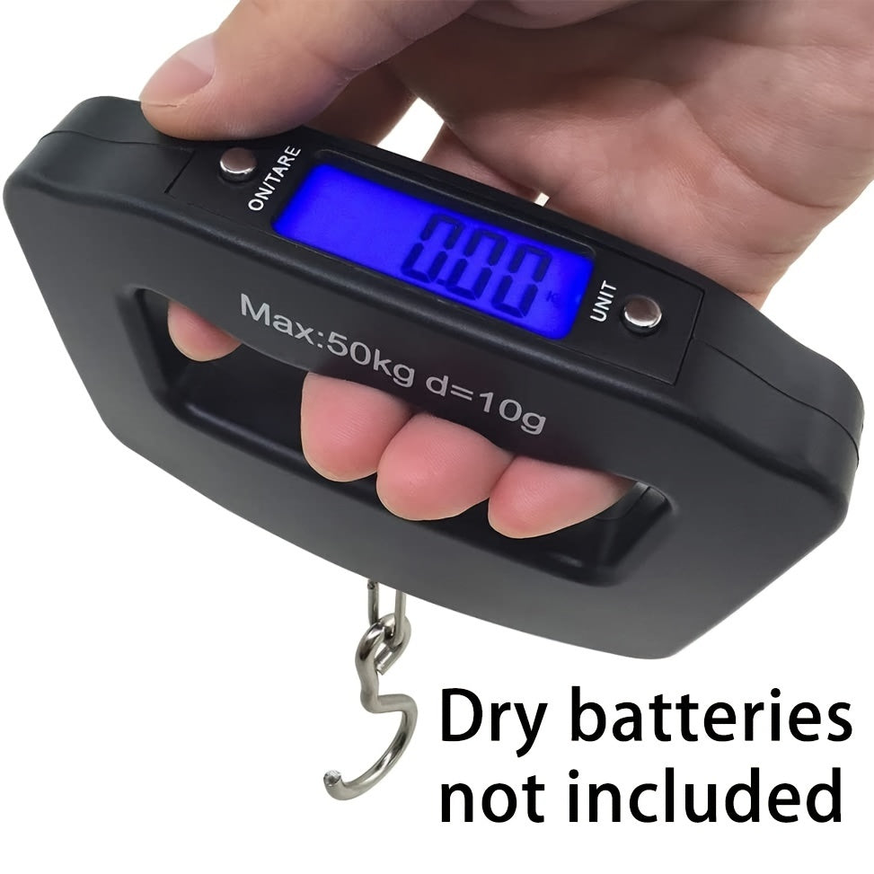 Handheld digital luggage scale with backlit display. Plastic material, commute style, wipe clean. Battery powered (batteries not included). Safe for use with voltage ≤36V.