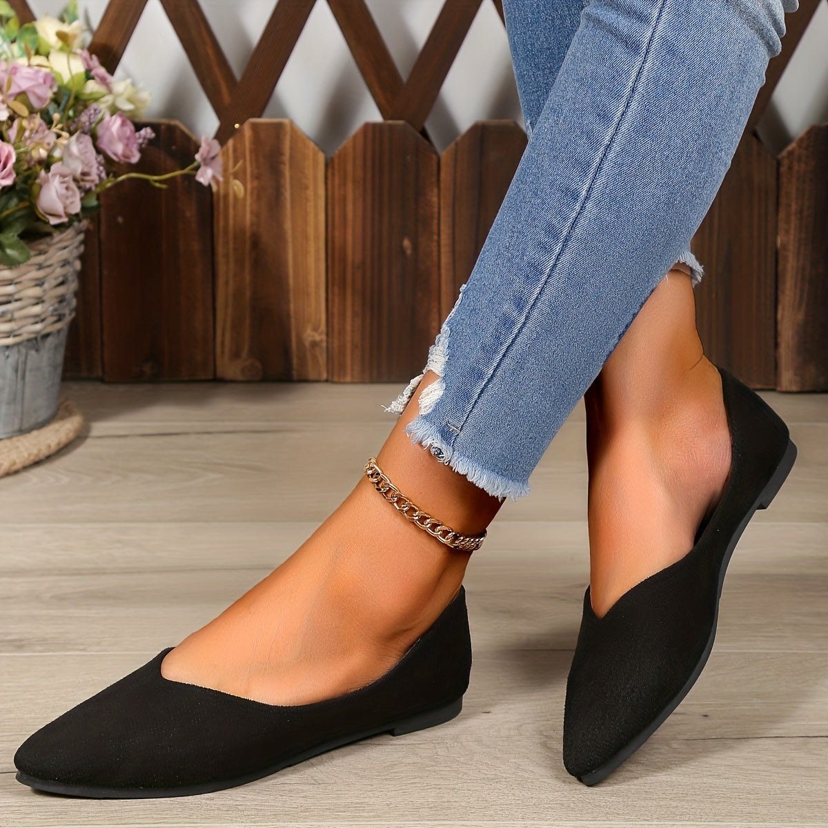 Women's solid color flat shoes with elegant point toe and lightweight slip on design.