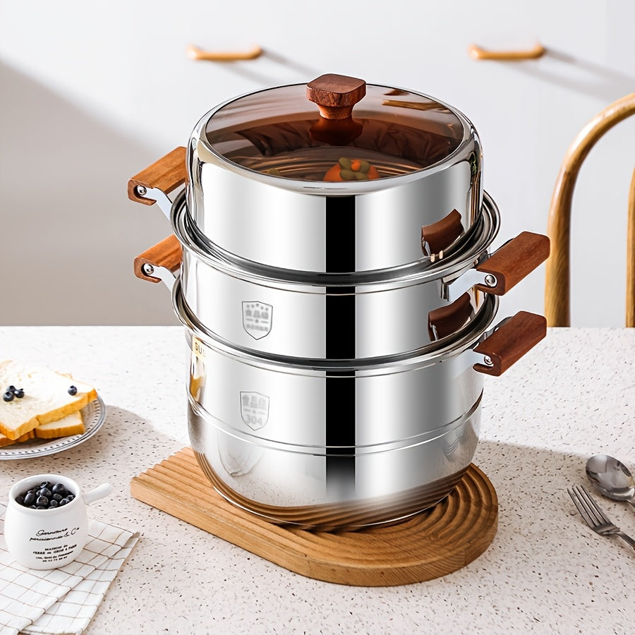 This 304 Stainless Steel Three-layer Steamer set includes 5 pieces with a double bottom design. It features a thick soup pot, a steamer rack, a pot lid, and two steaming trays. The set also includes counter-scald wooden handles for safety. This steamer