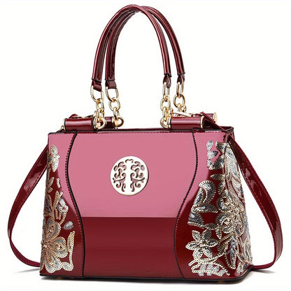 Elegant sequined flower pattern tote bag, classic handbag, trendy shoulder bag for Carnaval parties and music festivals.