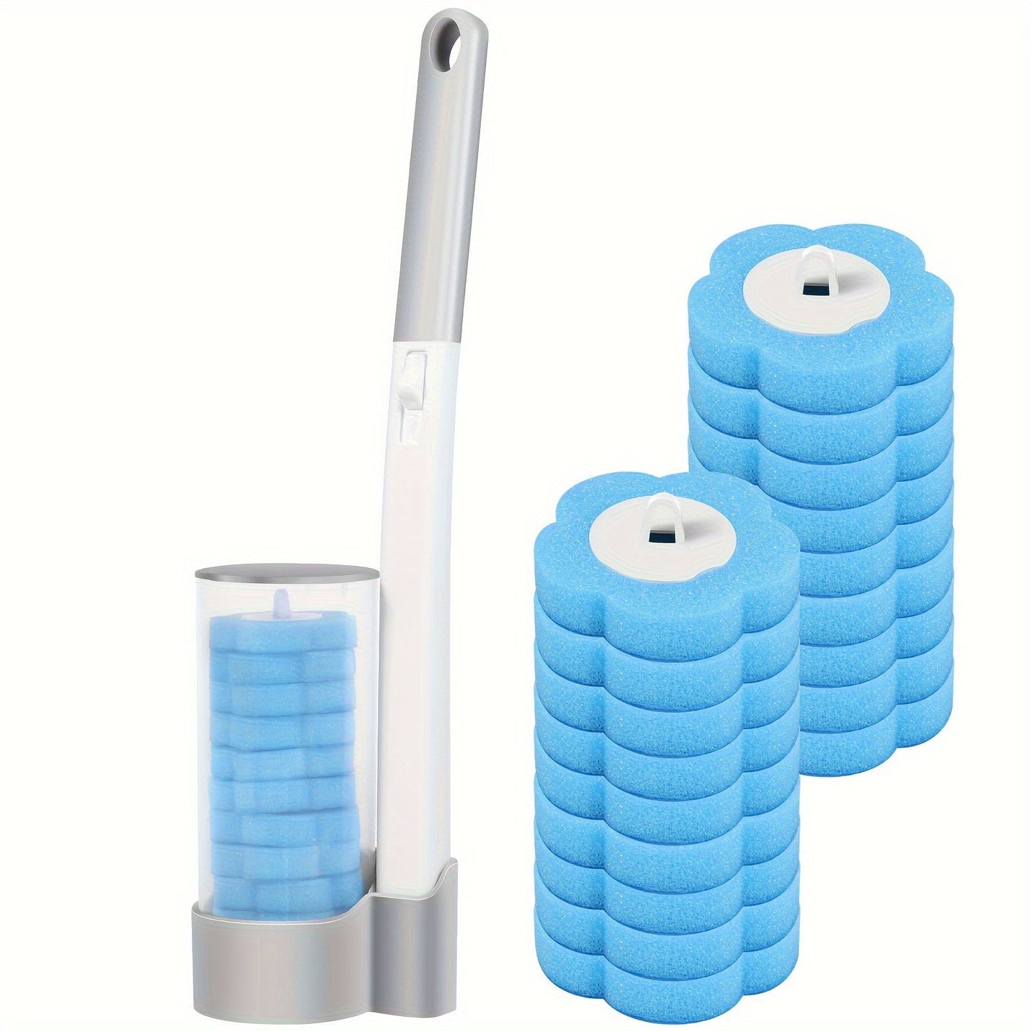 Non-Electric Disposable Toilet Brush Cleaning Kit with 18 Refills - Convenient Wall Mounted Toilet Bowl Cleaner with Adhesive Holder and Storage Caddy - Handle for Easy and Efficient Bathroom Cleaning