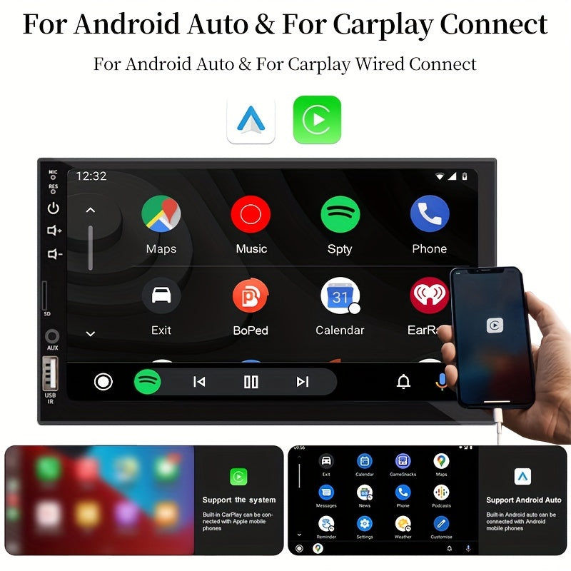 Compact single DIN car multimedia player with 17.78cm HD touch screen, support for wired CarPlay and AndroidAuto, MirrorLink, navigation and music connection. Features touch buttons