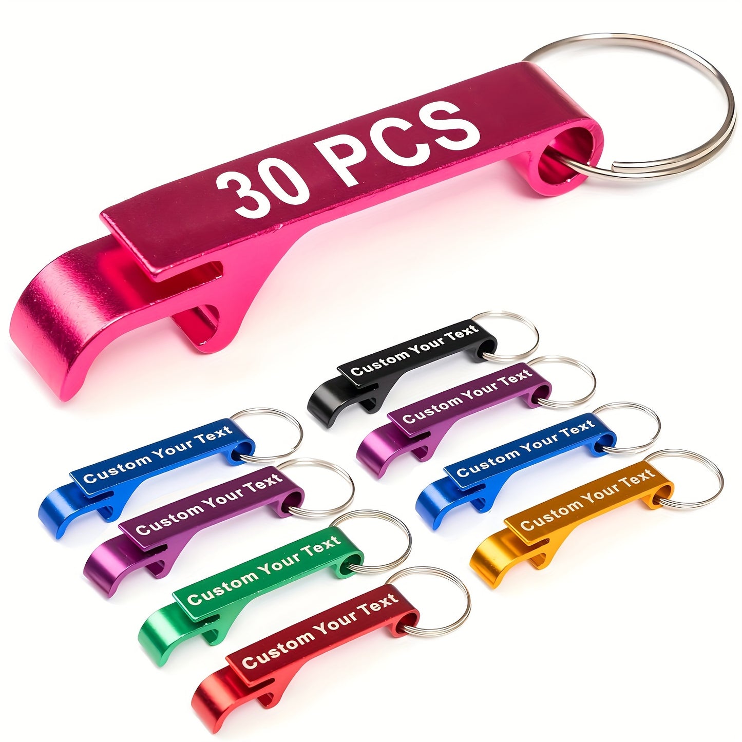 30 personalized keychain bottle openers, ideal for weddings and promotions, durable and lightweight, no power needed.