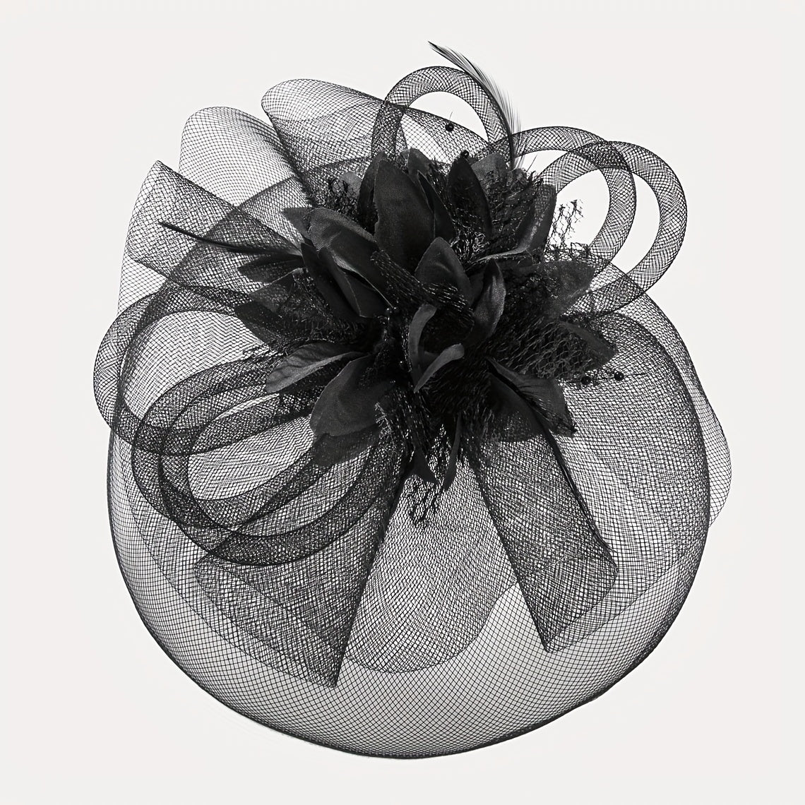 One piece of women's hair accessory featuring a mesh flower, faux feather detailing, and veil perfect for birthday parties, the Jockey Club, weddings, derby hats, and church events.