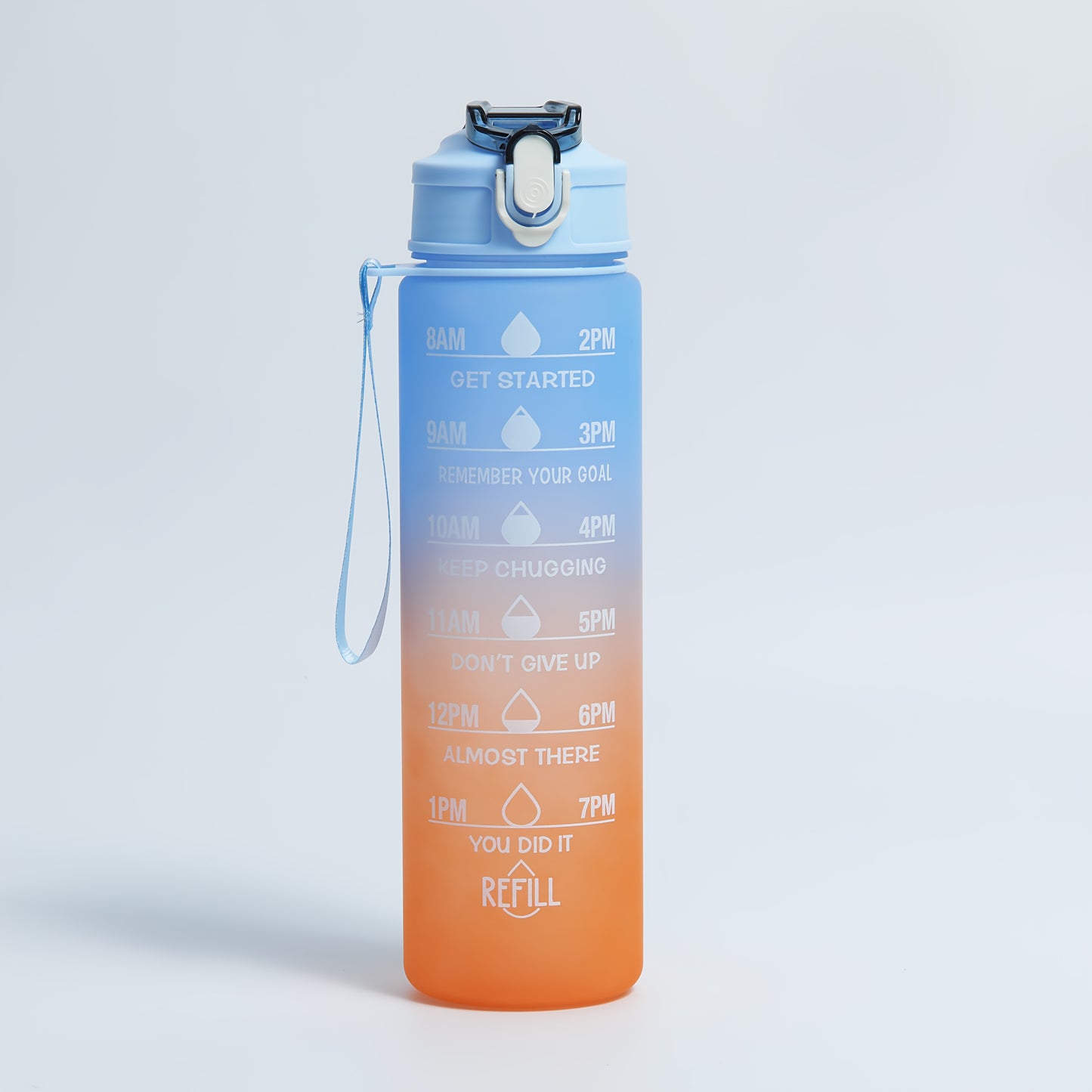 Motivational water bottle with straw, time marker, BPA-free polycarbonate, leakproof, lightweight, carrying strap, for fitness, gym, yoga, hiking, hydration.