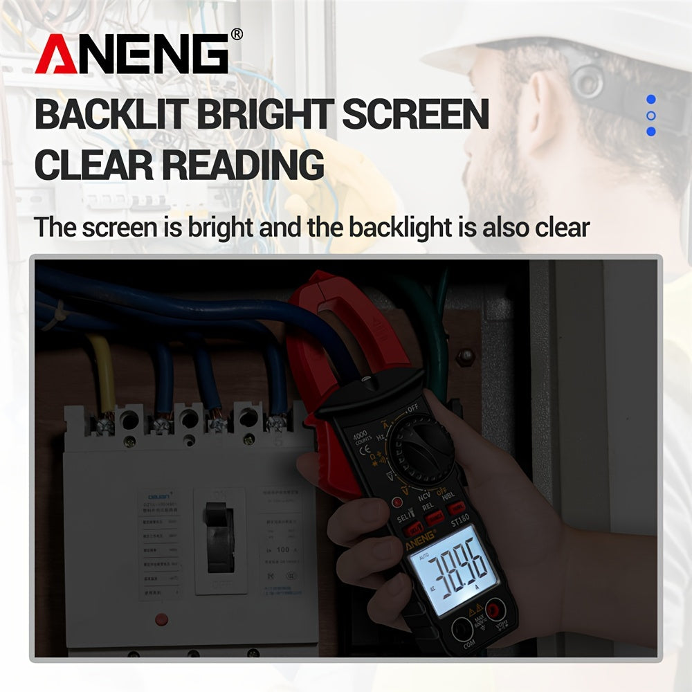 ANENG ST180 is a 4000 count digital clamp meter for measuring AC current, voltage, frequency, capacitance, and resistance, as well as testing car amps and non-contact voltage.