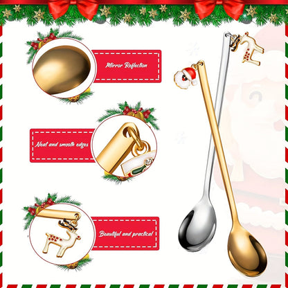 Set of four festive Christmas coffee and tea spoons crafted from stainless steel. These versatile spoons are perfect for stirring hot chocolate, enjoying ice cream, and indulging in desserts. They also make an ideal holiday gift and add a festive touch