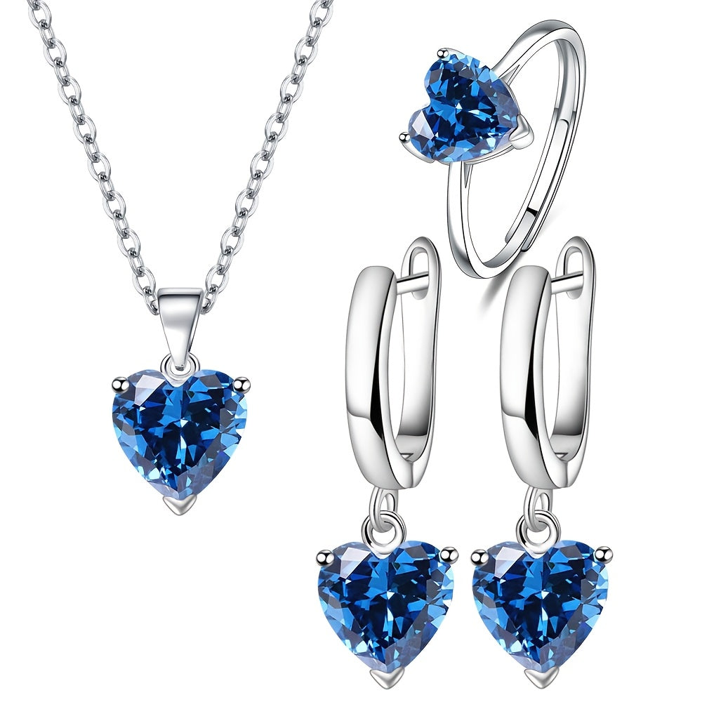 Elegant Christmas Wedding Bridal Jewelry Set for Women - 925 Sterling Silver Heart-Shaped Blue Zirconia Ring, Earrings, and Necklace