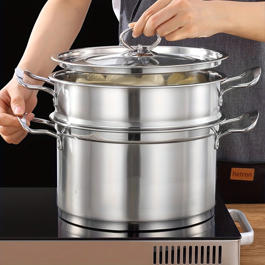 Large Capacity Stainless Steel Steamer Pot with Dual Handles - Versatile Multi-Layer Design for Steaming & Cooking, Dishwasher Safe, Ideal for Home, Parties, Camping, and RVs