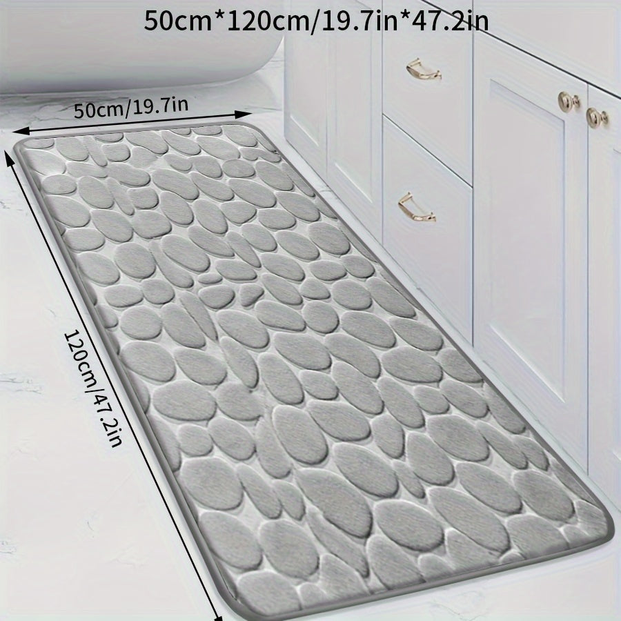 Soft, non-slip coral fleece bathroom mat in a pebble pattern. Quick-dry, machine washable, and low pile for comfort and home decor. Made of plush polyester fiber with knit fabric and 100% polyester material. 570gsm and 1.4cm thick.