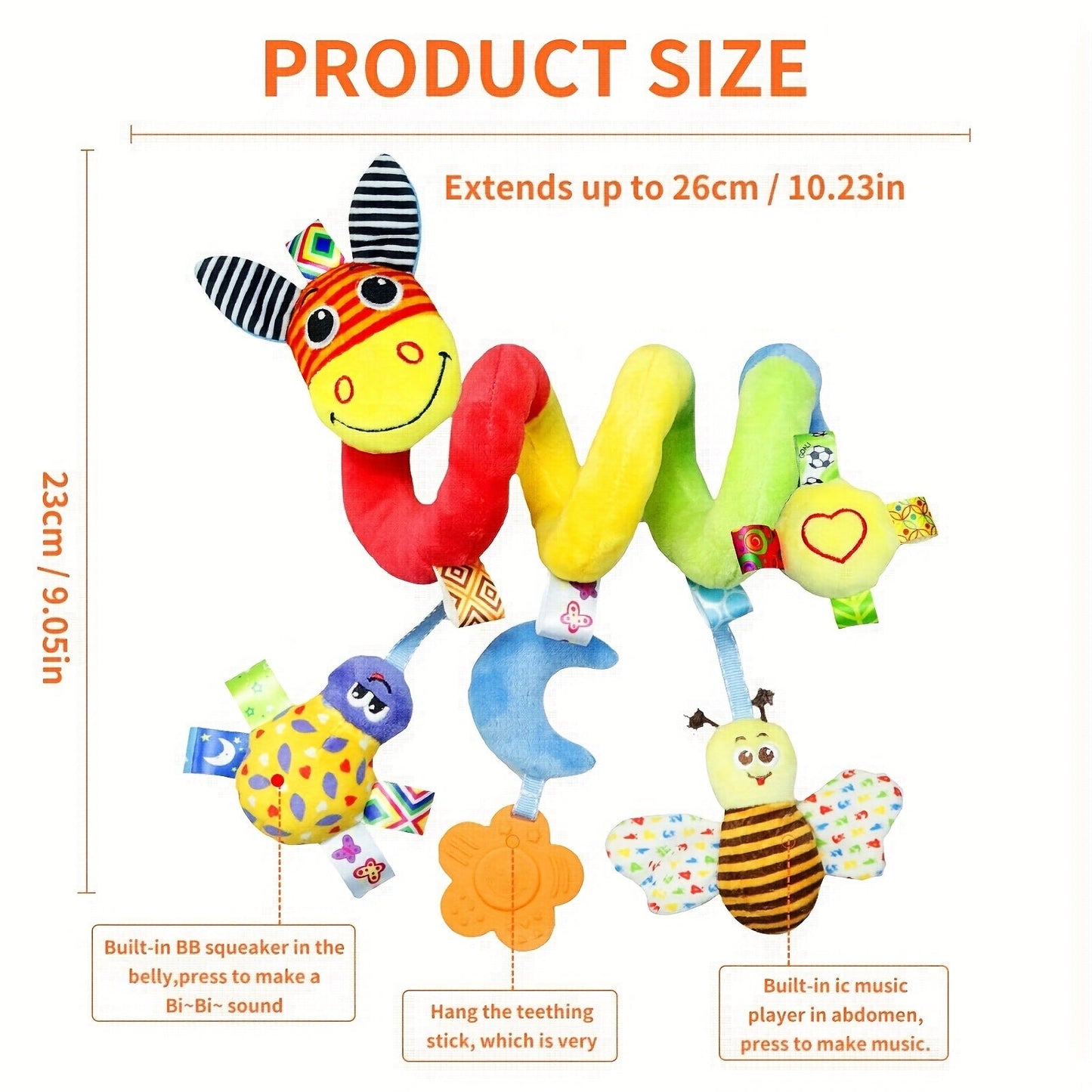 Baby Donkey Spiral Activity Hanging Toys for Car Seat, Stroller, Crib, or Bassinet with Teether, BB Sounder, and Rattle - perfect for on-the-go entertainment!