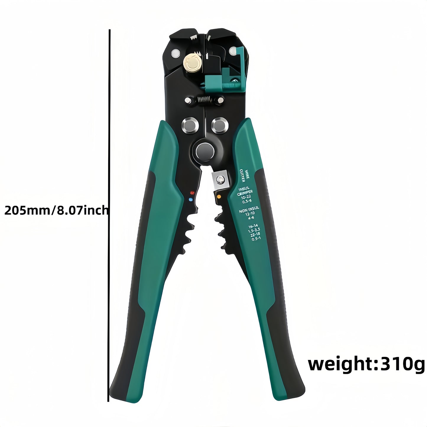 Professional automatic wire stripper and cutter for electricians, with self-adjusting insulation stripping tool and built-in crimper. Durable metal construction.