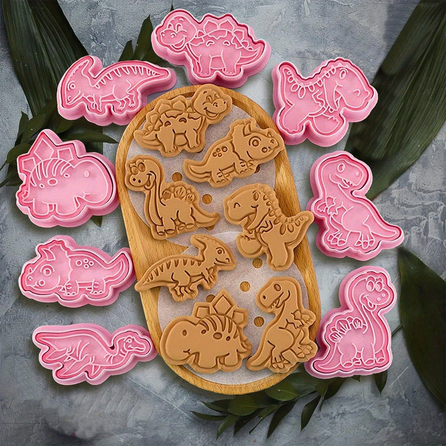 Set of 8 Dinosaur Cookie Cutters - Strong Plastic Molds and Stamps for Use at Home, in Bakeries, and Dessert Shops