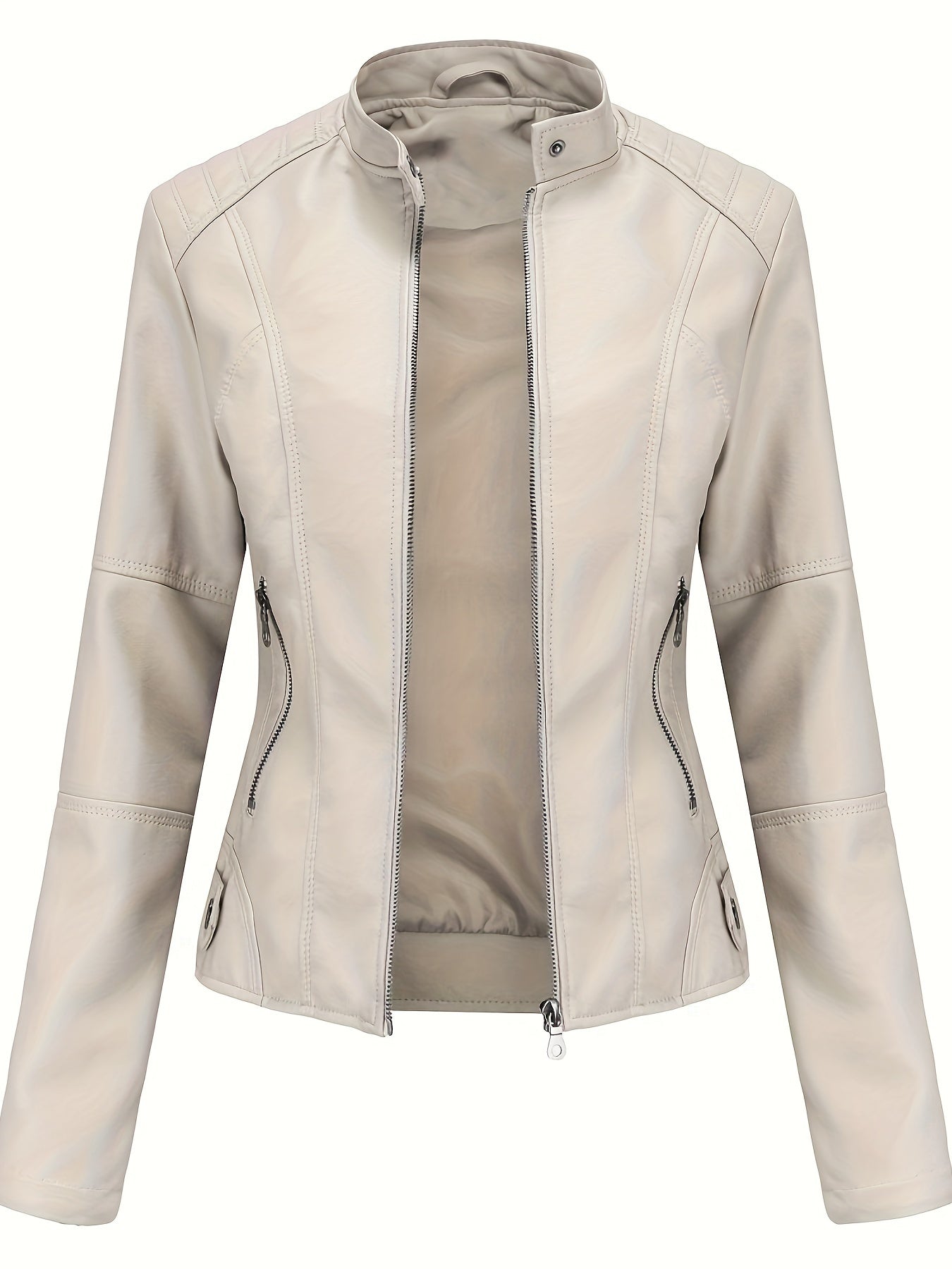 Beige biker style jacket for women, ideal for spring/fall with zipper details, stand collar, and slant pockets. Functional and sleek for casual outerwear.