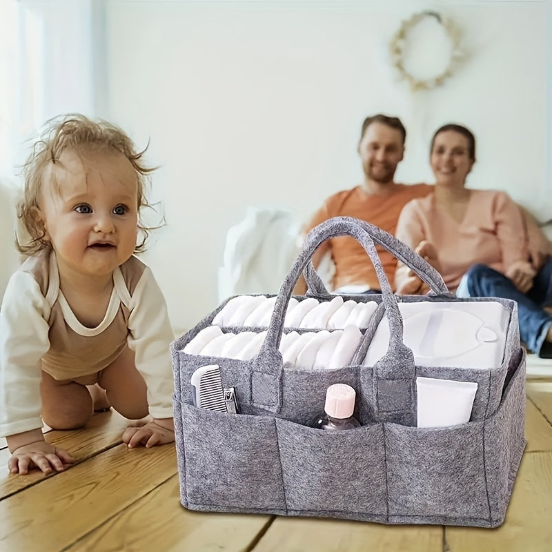 Diaper Storage Bag in Light Gray Felt with Handles - Collapsible and Divided for Convenient Organization of Diapers, Wipes, and Changing Supplies