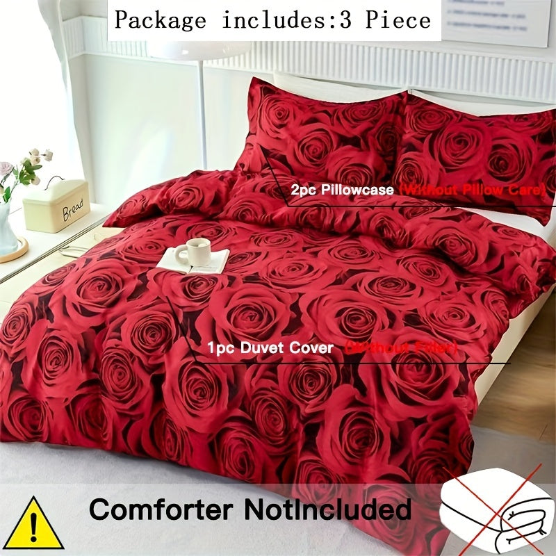 Set of 3 Duvet Covers, featuring a Romantic Red Rose Print, suitable for all seasons. This Soft, Comfortable and Breathable Bedding Set is perfect for the Bedroom or Guest Room. Includes 1 Duvet Cover and 2 Pillowcases, Core not included.