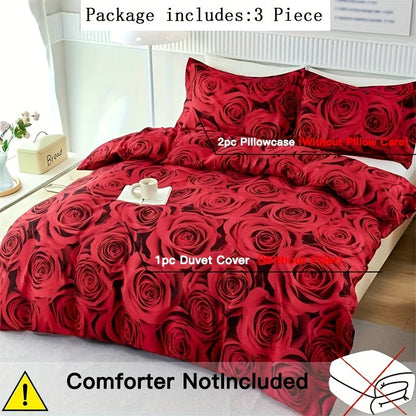 Set of 3 Duvet Covers, featuring a Romantic Red Rose Print, suitable for all seasons. This Soft, Comfortable and Breathable Bedding Set is perfect for the Bedroom or Guest Room. Includes 1 Duvet Cover and 2 Pillowcases, Core not included.