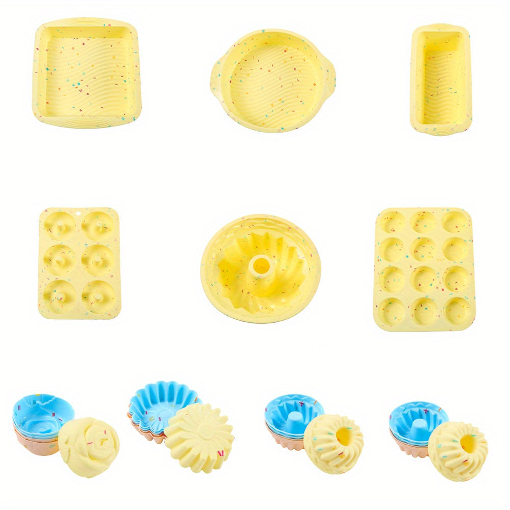 A 30-piece silicone kitchen baking supplies set includes nonstick silicone bakeware such as a baking pan, cake molds, baking sheet, donut pan, muffin pan, and cake pan, as well as a 24-pack of silicone cupcake mold baking cups.