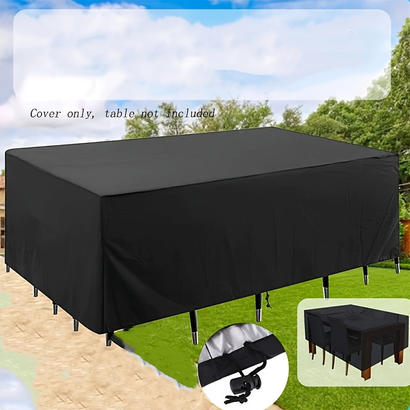 Waterproof outdoor sofa cover made of 210D Oxford fabric with drawstring closure and button fasteners. Black color, all-season garden furniture protector.