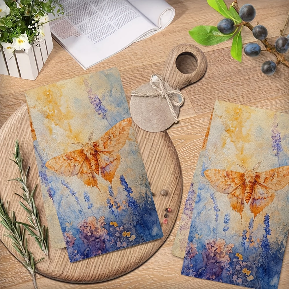 Set of two ultra soft kitchen towels featuring a whimsical moth and floral design. These highly absorbent dish hand towels are machine washable and perfect for contemporary coastal decor. Each towel measures 40.64x60.96 cm.