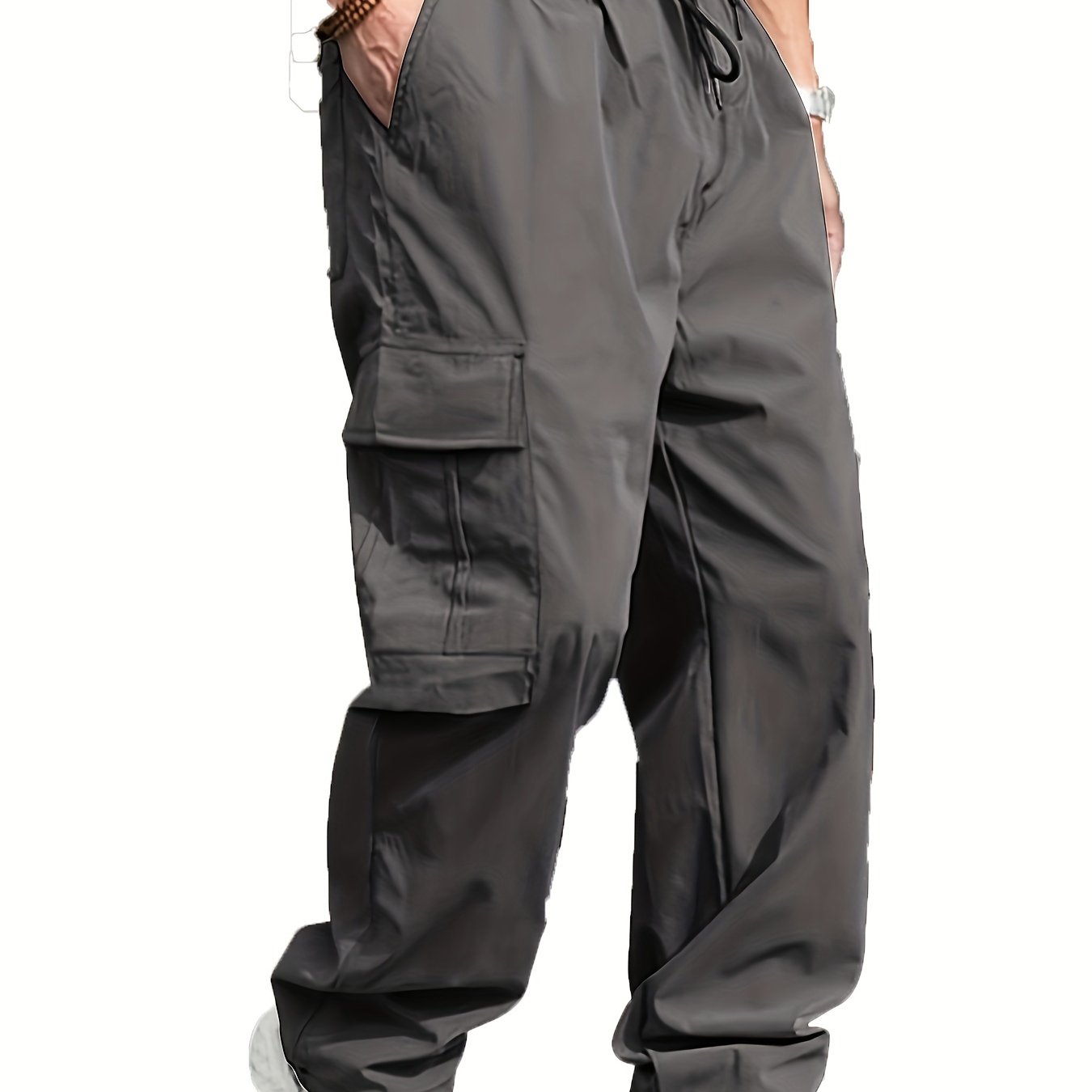 Men's cargo pants for outdoor activities with multiple pockets and drawstring waist.