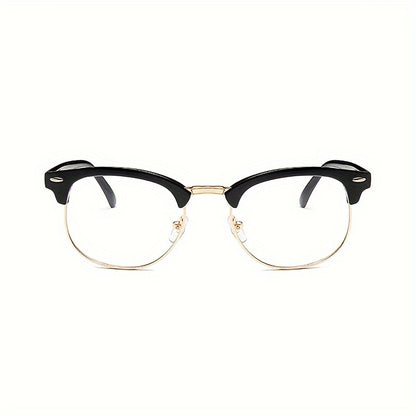 Chic black eyeglass frame for women with retro golden anti-blue light feature, clear transparent lenses, and eyebrow-shaped design, also suitable for men's computer glasses.