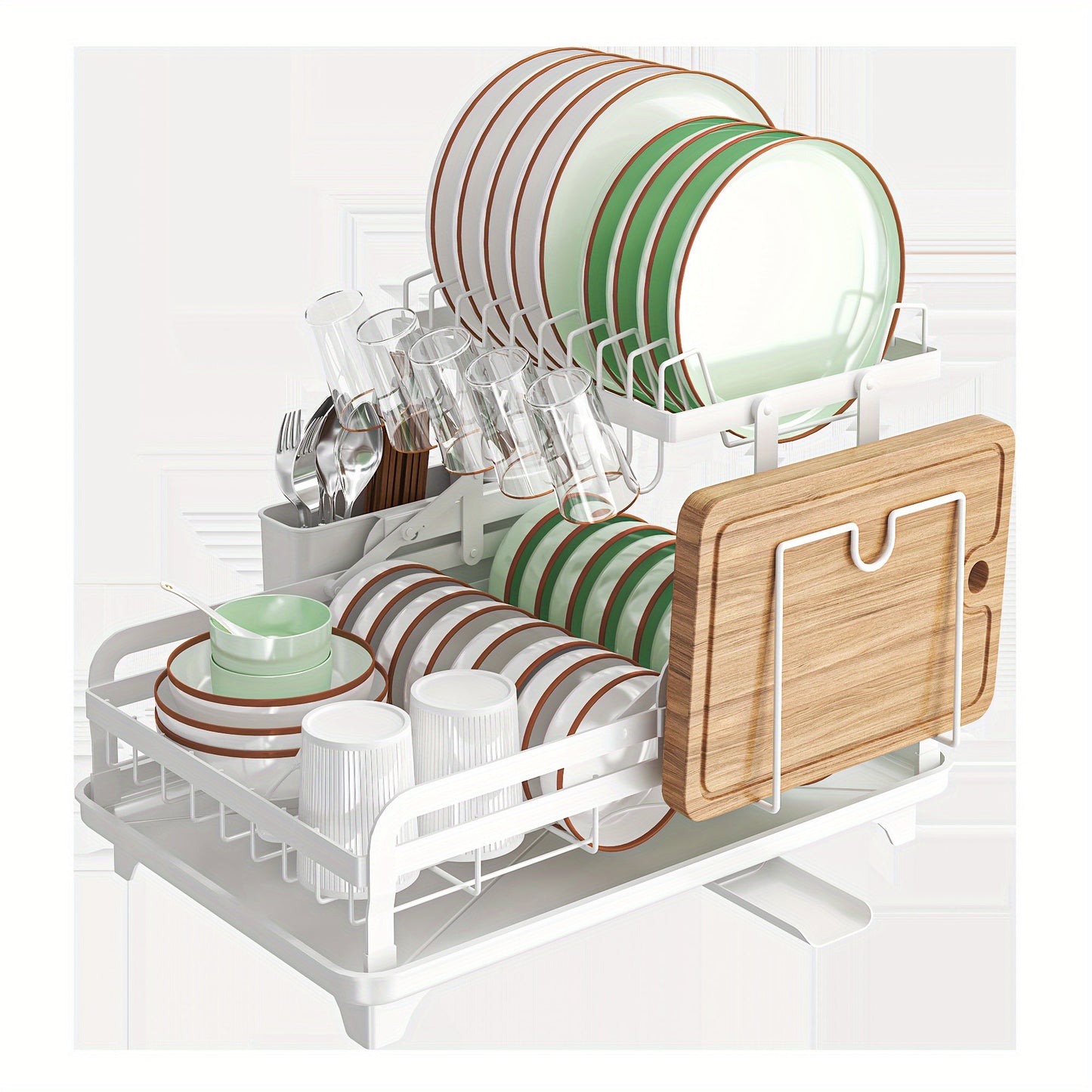 Kitchen Countertop Dish Drying Rack with Double Layers and Large Capacity, Steel Drainboard Dish Drainer with Utensil Holder, Suitable for Dishes, Knives, Cups, and Cutting Boards, Dimensions 41.4 x 28.96 x 27.43cm, Essential Kitchen Supplies