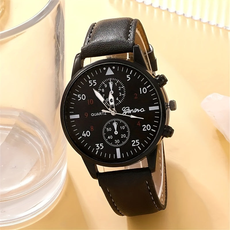 Set of 5 Fashion Men's Casual Black Leather Watches with Life Tree Design and Rope Strap