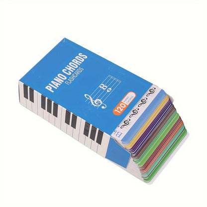 Set of 120 piano chord flashcards with color coding, featuring 10 common chords in 12 keys. Ideal learning aid for beginners and music students.