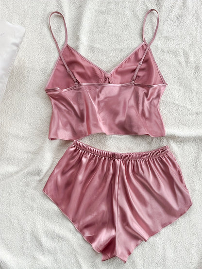 Solid satin pajama set with backless crop top and mini shorts for women, perfect summer sleepwear