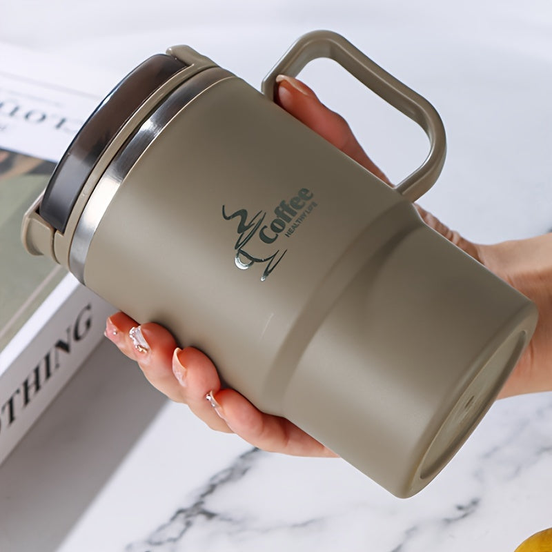 This Stainless Steel Insulated Coffee Mug holds 19.3 oz and comes with a lid and spoon. It is a reusable, versatile thermal cup perfect for use in the office, while traveling, or during sports activities. The mug also includes a tea infuser. Please hand