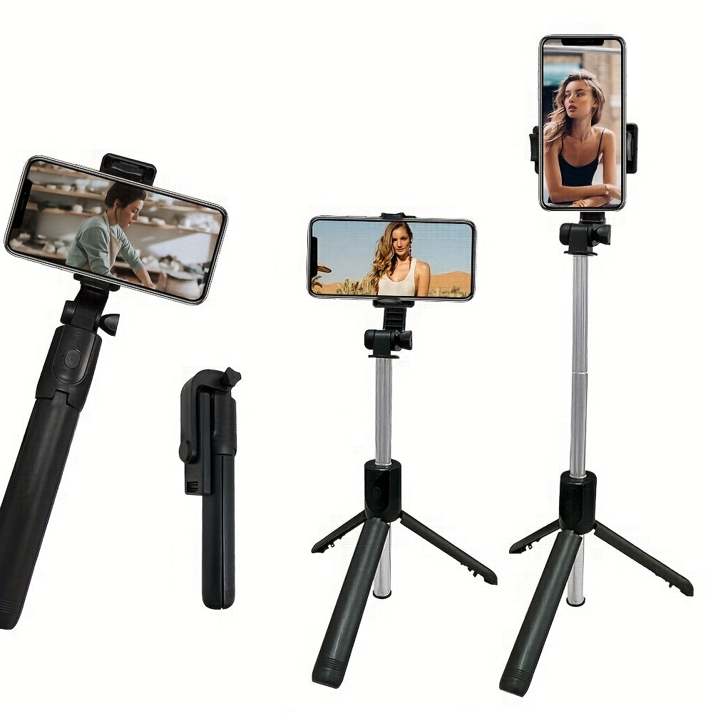 Portable selfie stick tripod with wireless remote control and 360-degree rotation, compatible with Apple iPhone, Samsung, and Android smartphones.