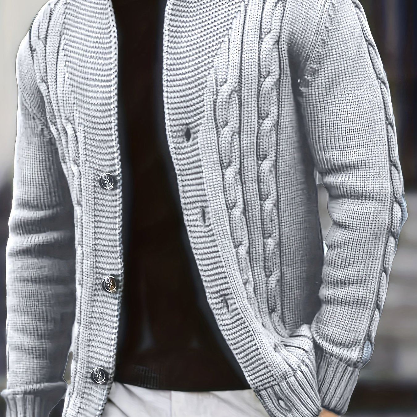 Men's V-neck knitted cardigan with a solid color button, perfect for casual fashion in autumn and winter.