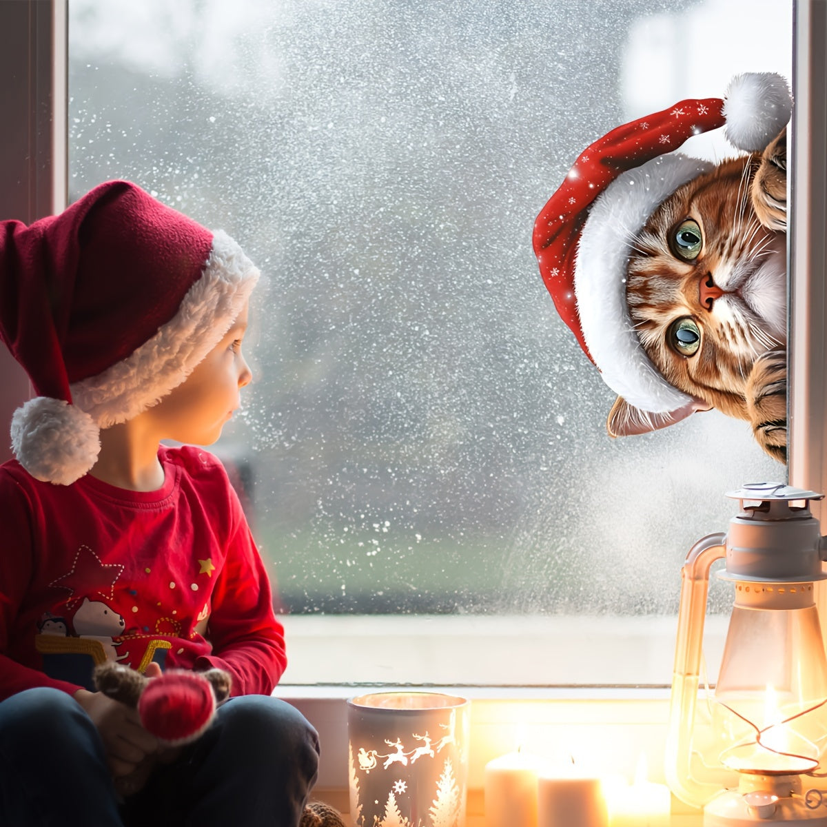 This double-sided static glass sticker features a cat wearing a Christmas hat, perfect for holiday decoration. The self-adhesive sticker is visible on both sides and can be easily applied to windows or glass surfaces. Add a festive touch to your home