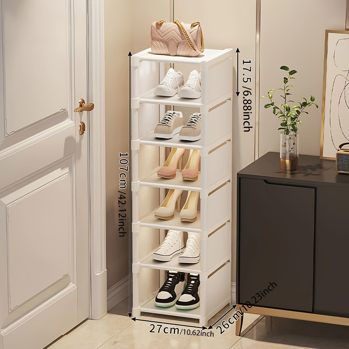 Introducing a versatile 5-tier home shoe rack and storage cabinet designed for entry-level use. This easy-to-assemble and user-friendly organizer can be customized to fit your space in either black or white. With a compact footprint, it is perfect for