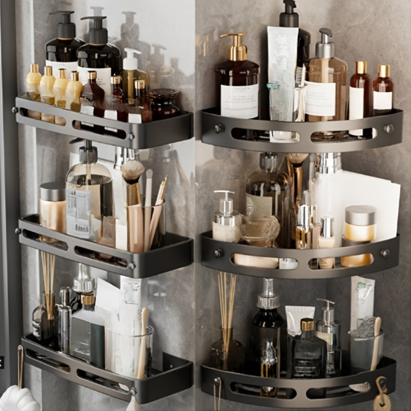 Two pieces of Corner Shower Caddy with Adhesive No-Drill feature that serves as a Bathroom Organizer. Made from Rust-Proof Plastic Material, this Wall-Mounted Storage Shelf comes with 2 Hooks for Shower Organization. No Electricity Required.