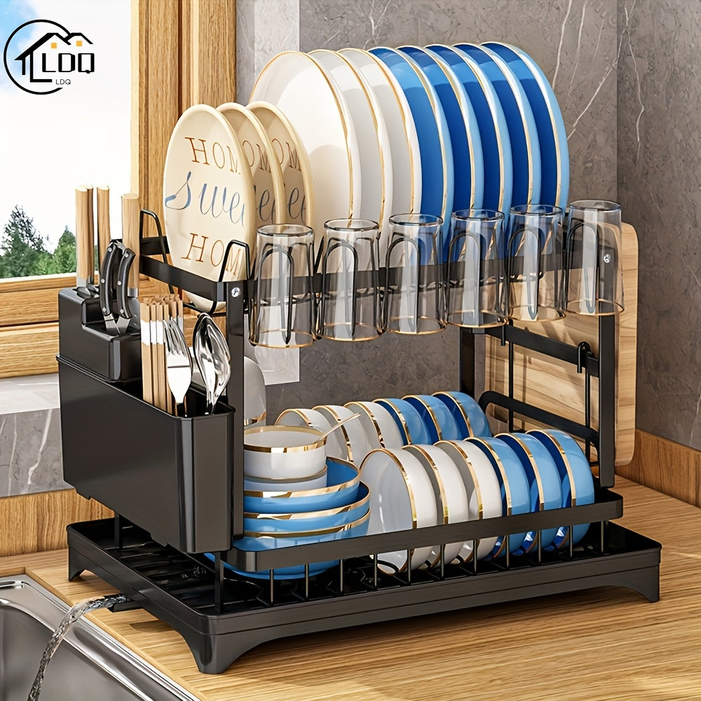 LDQ 1pc Dish Drying Rack with Two-Tier design, includes Drainboard, Cutting Board Holder, Utensil Holder, and Cup Holder. Comes in White and Black options.