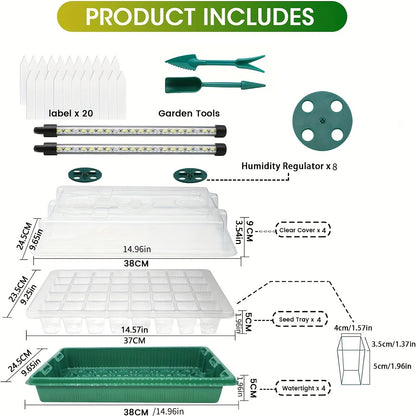 Seed germination kit with 4 trays, high dome, 160 cells, 8 LED lights, timer, 3 modes for home gardening and indoor greenhouse seedlings.