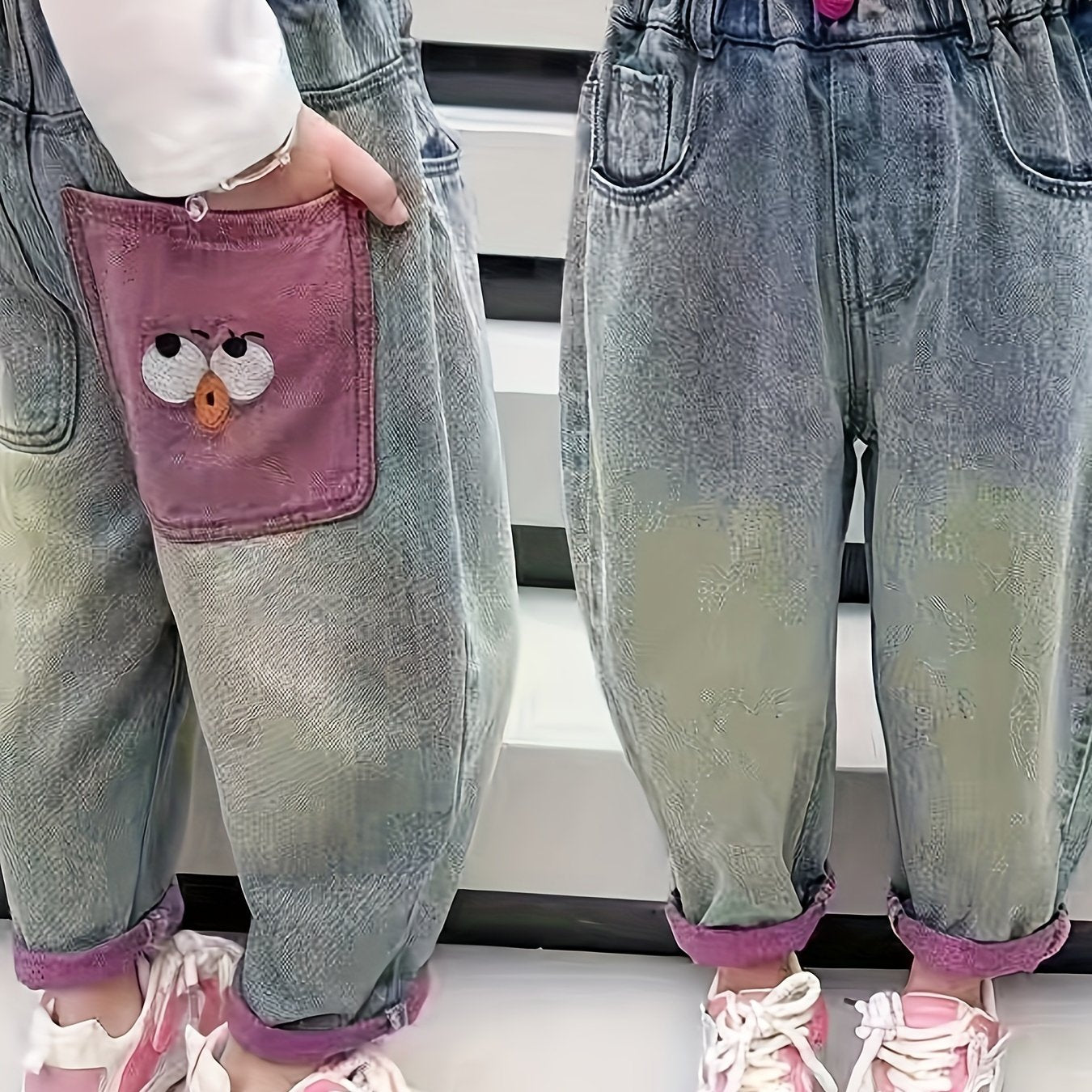 Cute cartoon print denim jeans for girls - comfy loose fit, machine washable, perfect for spring/fall