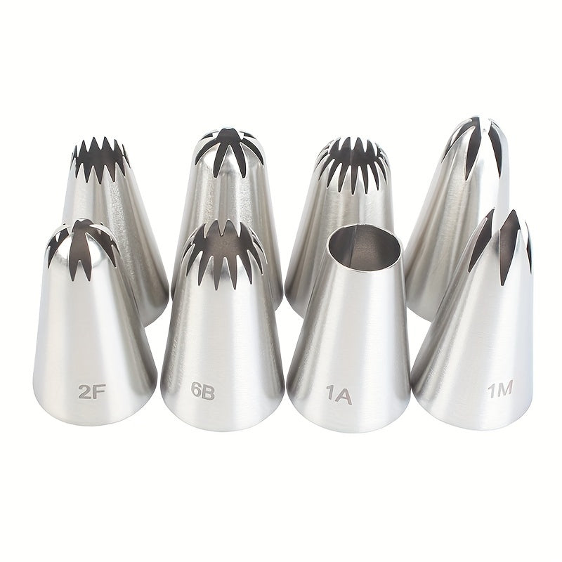 Set of 8 Medium-Sized Stainless Steel Piping Tips for Decorating Cakes, Cupcakes, Cookies, and More - High-Quality Baking Tools Made from Food-Grade Materials