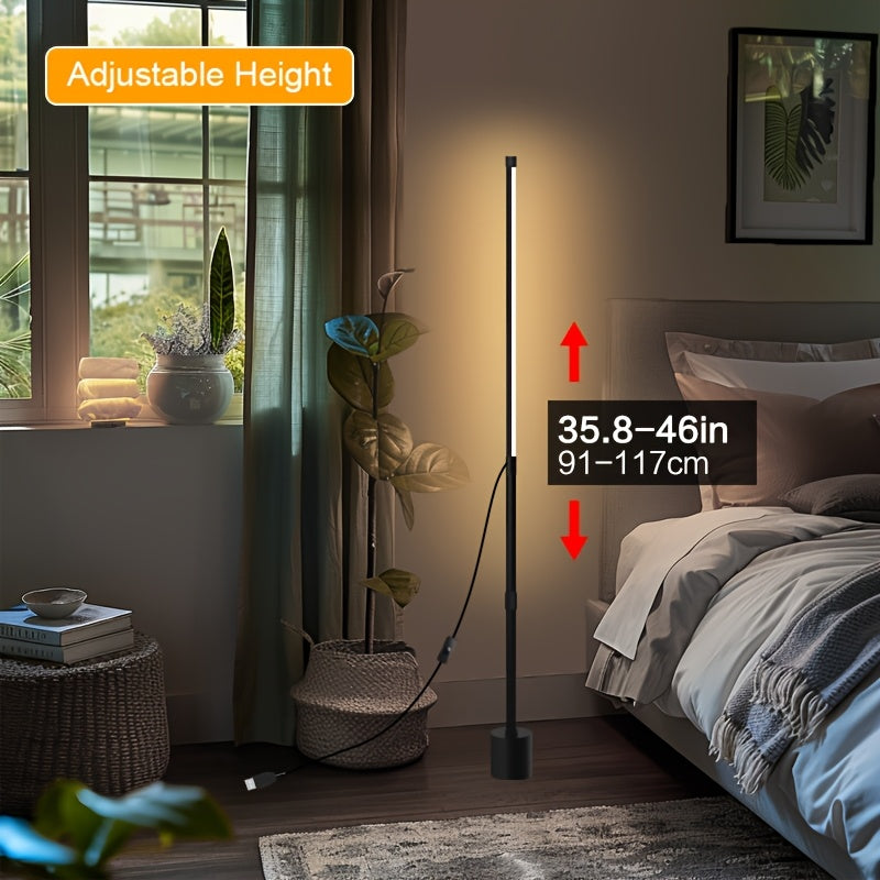 Adjustable Nordic-style LED corner floor lamp with USB power, ideal for living room, bedroom, and gaming room ambient lighting in black.