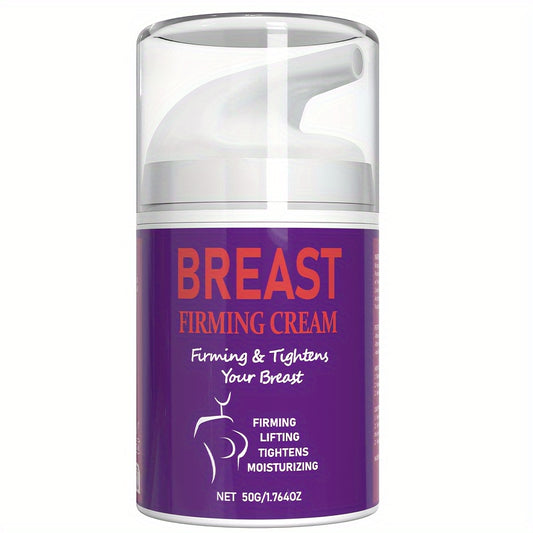 Firming cream for women's breasts with jojoba oil, hyaluronic acid, and honey. Unscented, suitable for all skin types. Contains caffeine, shea butter, and Vitamin E for firmness and