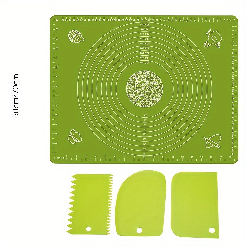 Silicone Pastry Mat Set: Includes one non-stick baking mat, counter mat, and pastry board for rolling dough. Perfect for bread, candy, and cookie making. Comes with free scrapers. Ideal baking tools and kitchen gadgets.