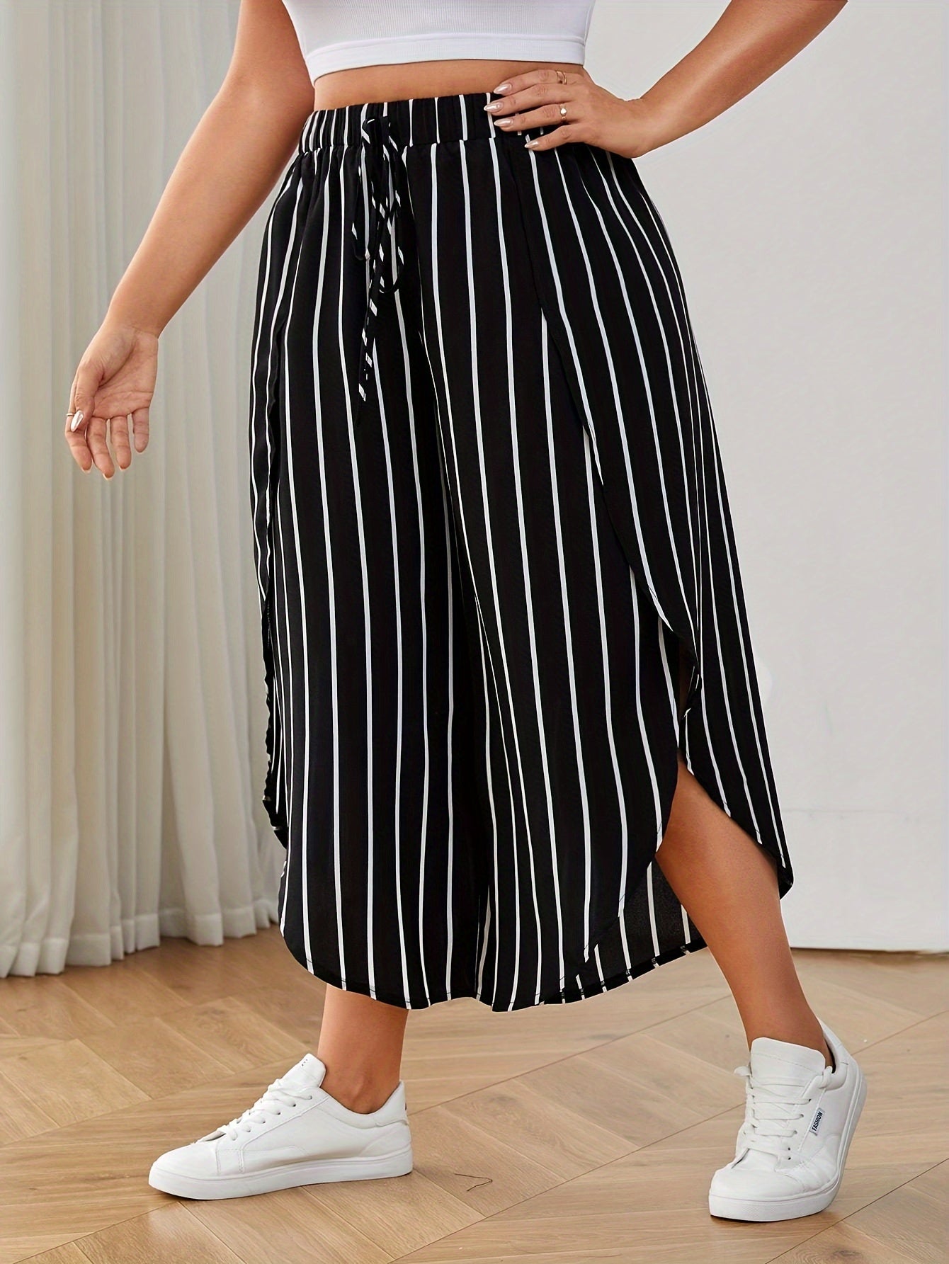 Plus Size Striped Loose Pants for Spring & Summer, Women's Casual Wide Leg High Waist Pants