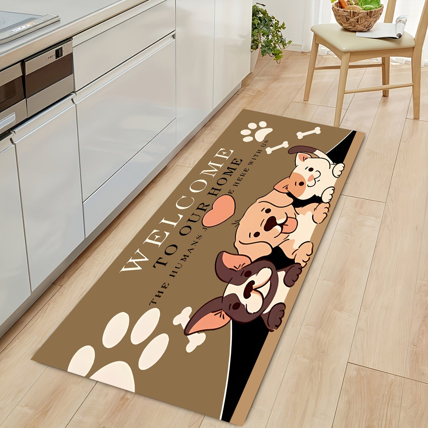 Charming Cartoon Dog Welcome Mat - Durable, Non-Slip, Stain & Water Resistant Polyester Rug featuring "Welcome to Our Home" Message, Paw Print & Bones Pattern - Ideal for Bathroom, Kitchen, and Laundry Room Entryway - Easy to Clean by Hand, Long-Lasting