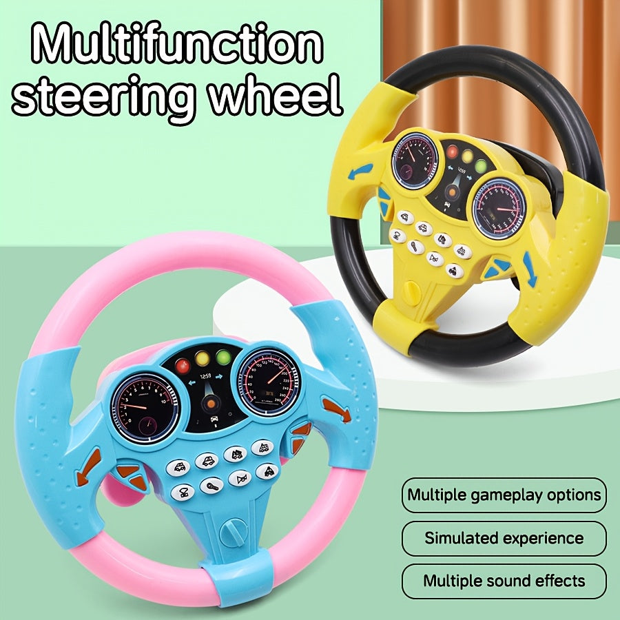 Kids Driving Simulator Steering Wheel Toy in Pink & Yellow, with Suction Cups, Sound Effects, and Educational Play - Perfect Gift for Children.