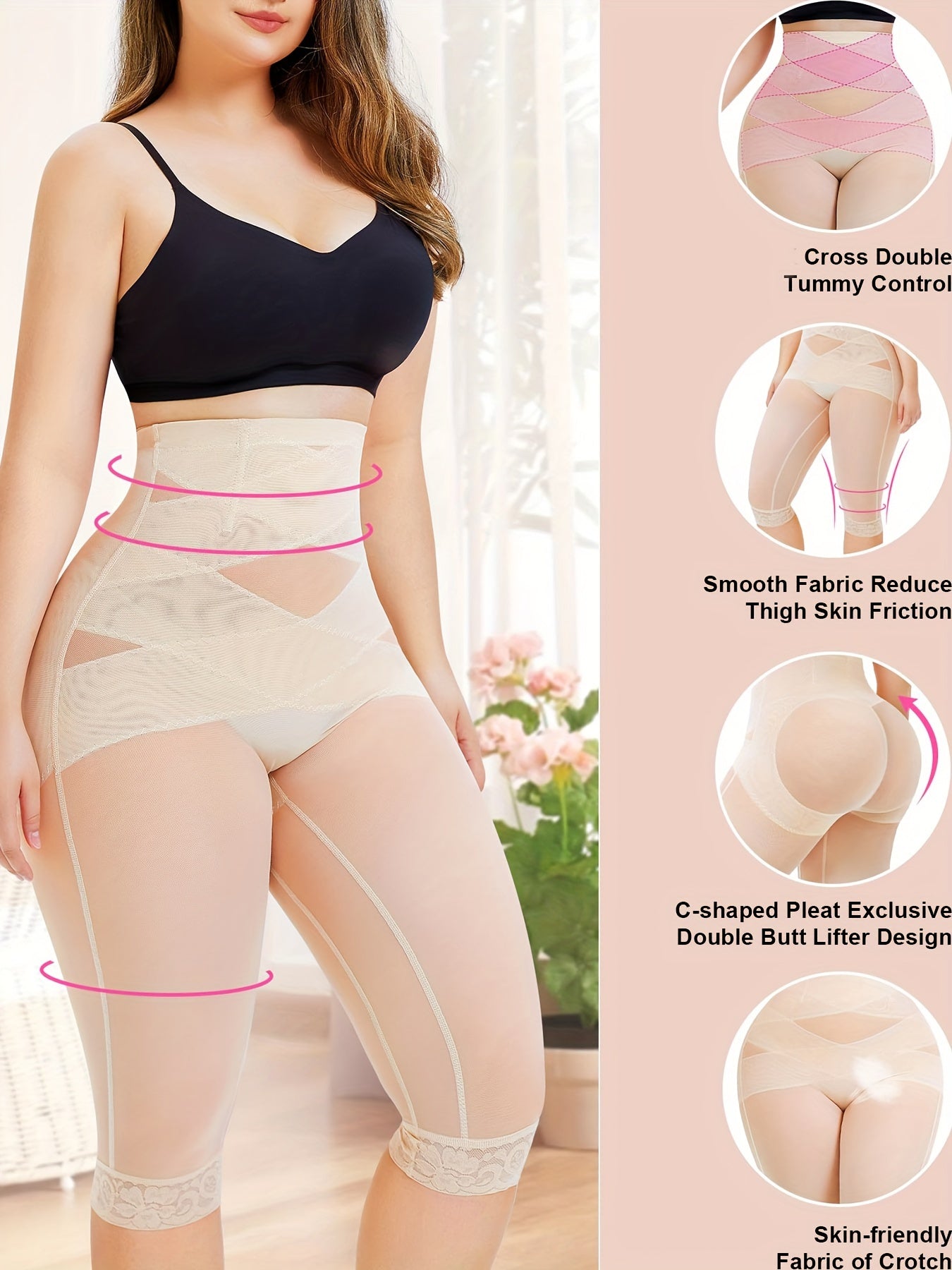 Women's lace trim shaping shorts with tummy control compression for slimming and shaping.